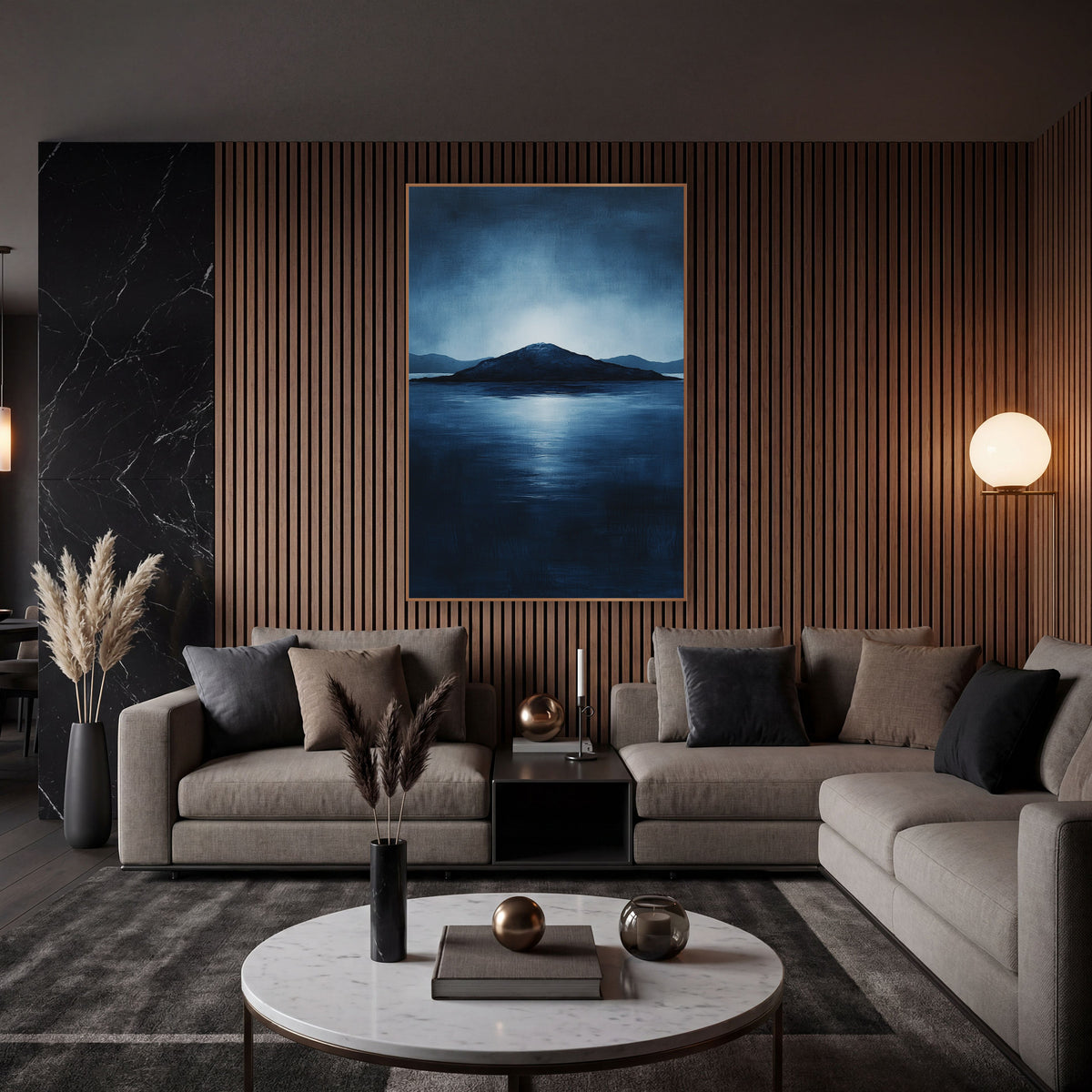 Indigo Island Seascape Atmospheric wall art in an elegant modern room – dark island silhouette on calm deep blue water
