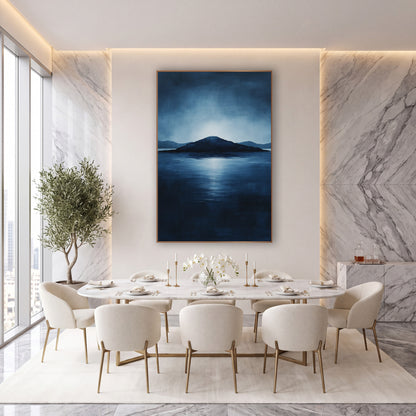 Indigo Island Seascape Atmospheric wall art in an elegant modern room – dark island silhouette on calm deep blue water