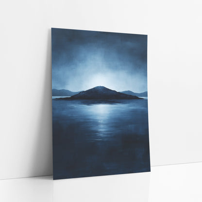 Indigo Island Seascape Atmospheric art print leaning against a white wall – dark island silhouette on calm deep blue water
