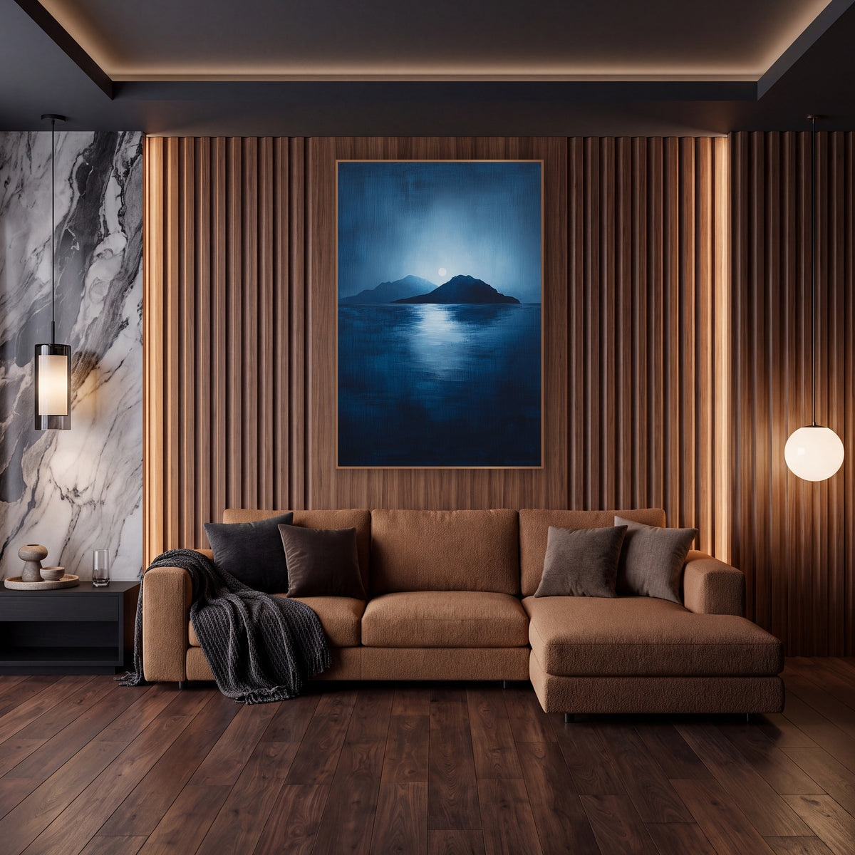 Twin Peak Moonrise Seascape wall art in an elegant modern room – two dark islands under a pale full moon