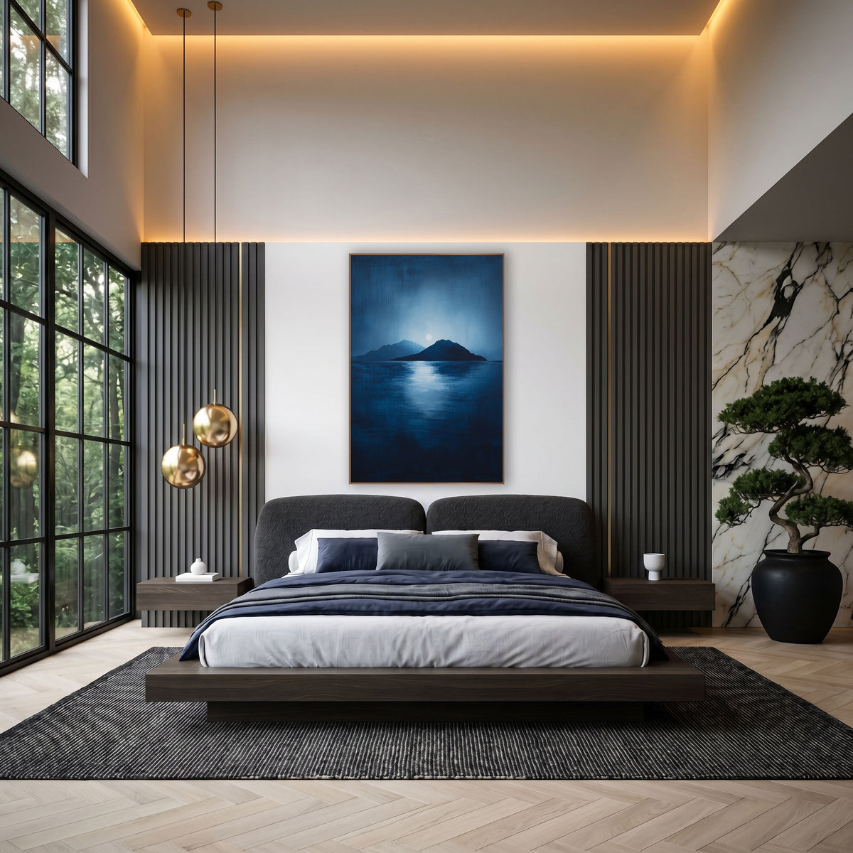 Twin Peak Moonrise Seascape wall art in an elegant modern room – two dark islands under a pale full moon