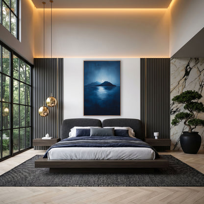 Twin Peak Moonrise Seascape wall art in an elegant modern room – two dark islands under a pale full moon