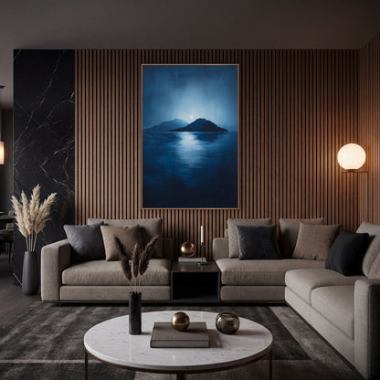 Twin Peak Moonrise Seascape wall art in an elegant modern room – two dark islands under a pale full moon