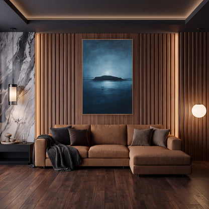 Moonlit Island Silhouette Seascape wall art in an elegant modern room – dark island silhouette on a calm navy sea