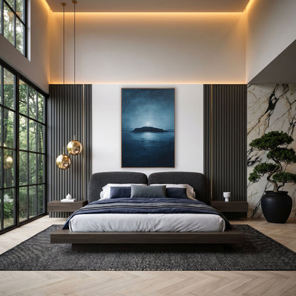 Moonlit Island Silhouette Seascape wall art in an elegant modern room – dark island silhouette on a calm navy sea