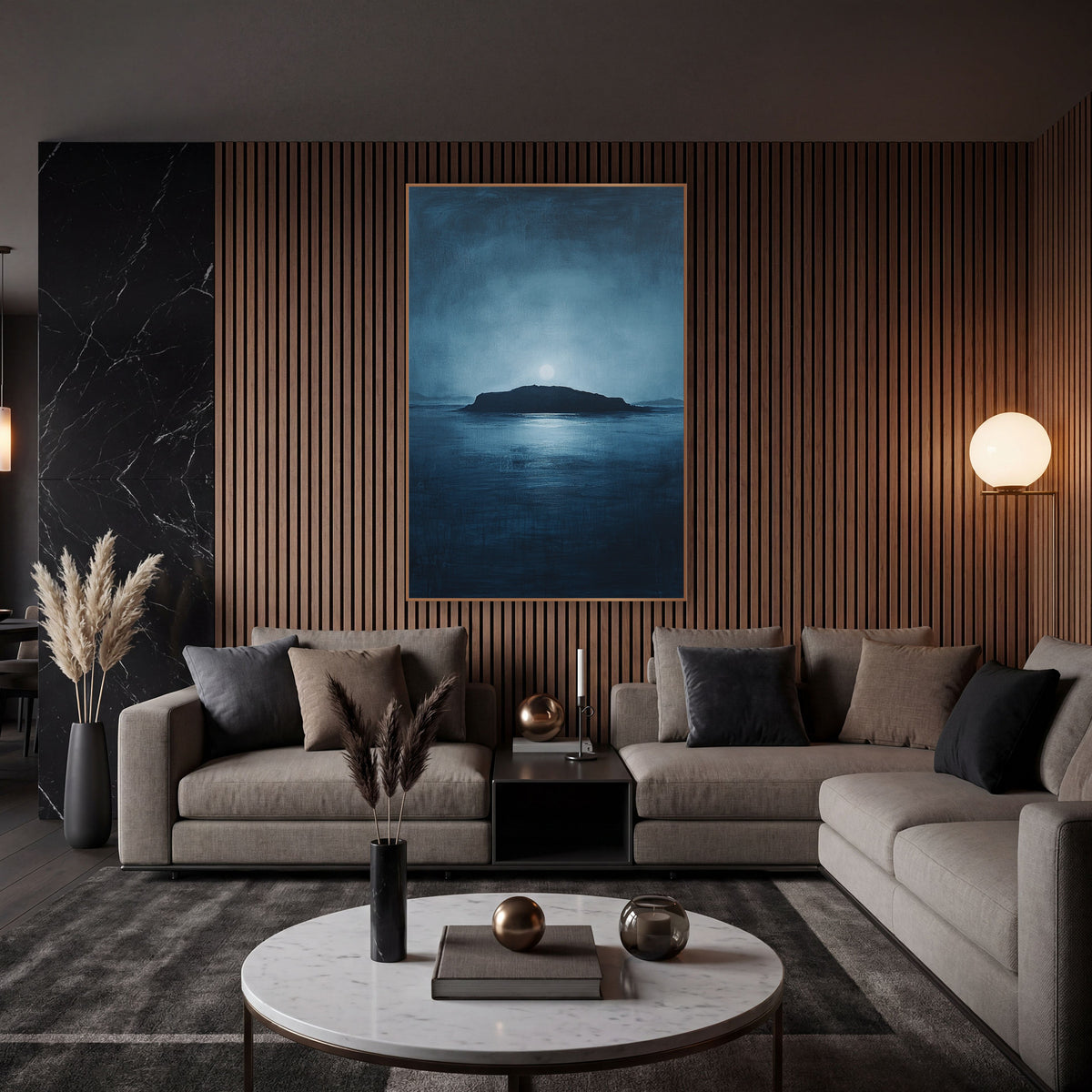 Moonlit Island Silhouette Seascape wall art in an elegant modern room – dark island silhouette on a calm navy sea