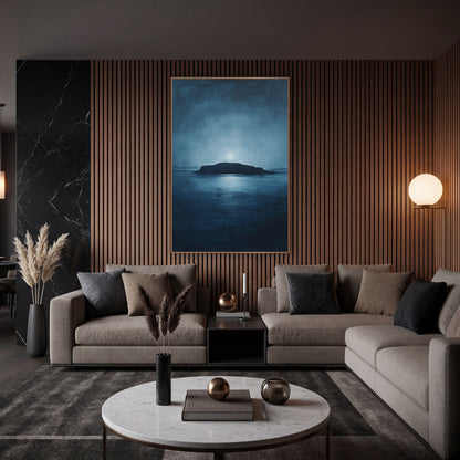 Moonlit Island Silhouette Seascape wall art in an elegant modern room – dark island silhouette on a calm navy sea