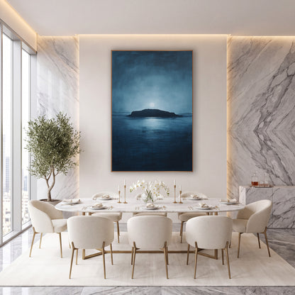 Moonlit Island Silhouette Seascape wall art in an elegant modern room – dark island silhouette on a calm navy sea