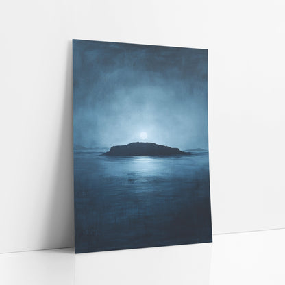 Moonlit Island Silhouette Seascape art print leaning against a white wall – dark island silhouette on a calm navy sea