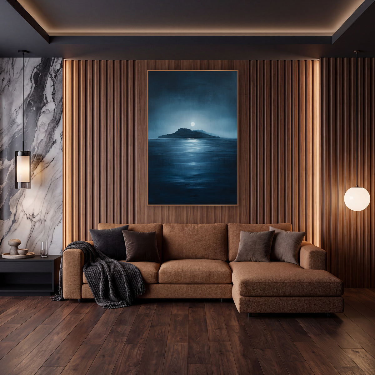 Low Island Pale Moon Seascape wall art in an elegant modern room – dark island on the horizon under a pale full moon