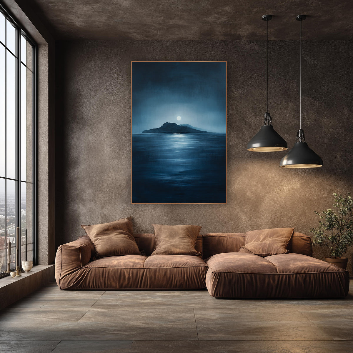 Low Island Pale Moon Seascape wall art in an elegant modern room – dark island on the horizon under a pale full moon