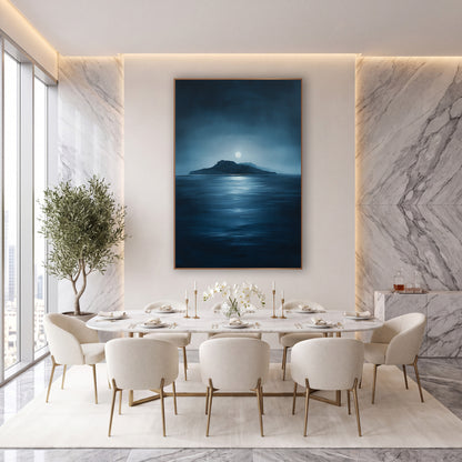Low Island Pale Moon Seascape wall art in an elegant modern room – dark island on the horizon under a pale full moon