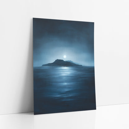 Low Island Pale Moon Seascape art print leaning against a white wall – dark island on the horizon under a pale full moon