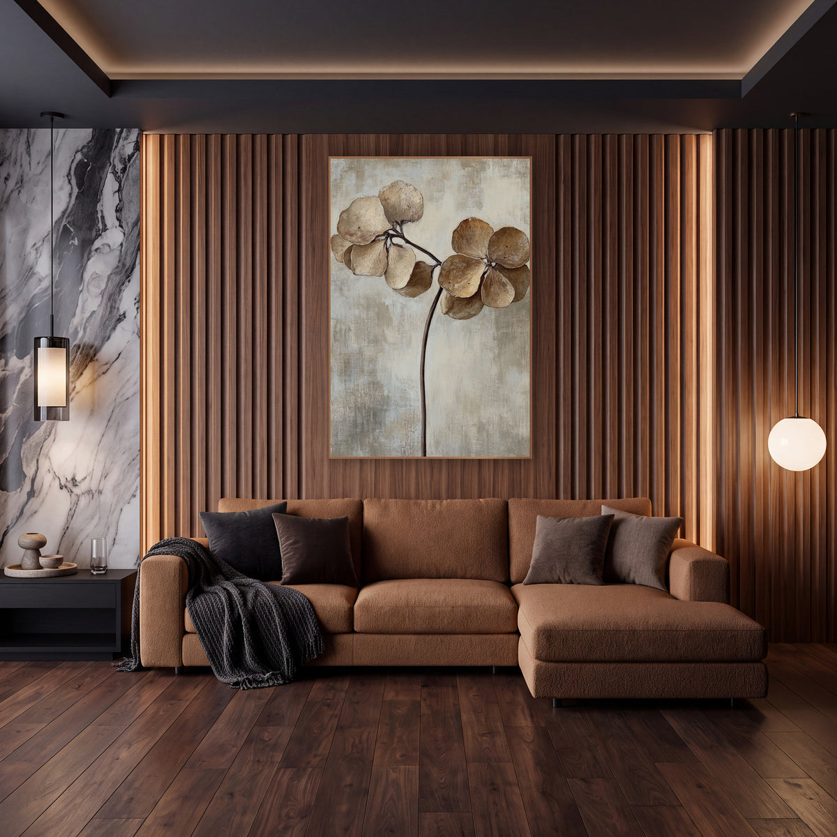 Dried Hydrangea Blooms Neutral Botanical wall art in an elegant modern room – dried caramel and cream flower heads