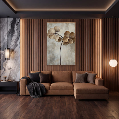 Dried Hydrangea Blooms Neutral Botanical wall art in an elegant modern room – dried caramel and cream flower heads