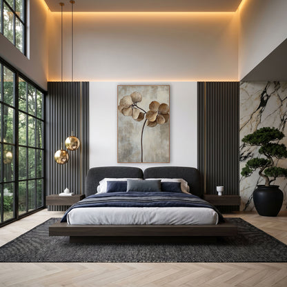 Dried Hydrangea Blooms Neutral Botanical wall art in an elegant modern room – dried caramel and cream flower heads