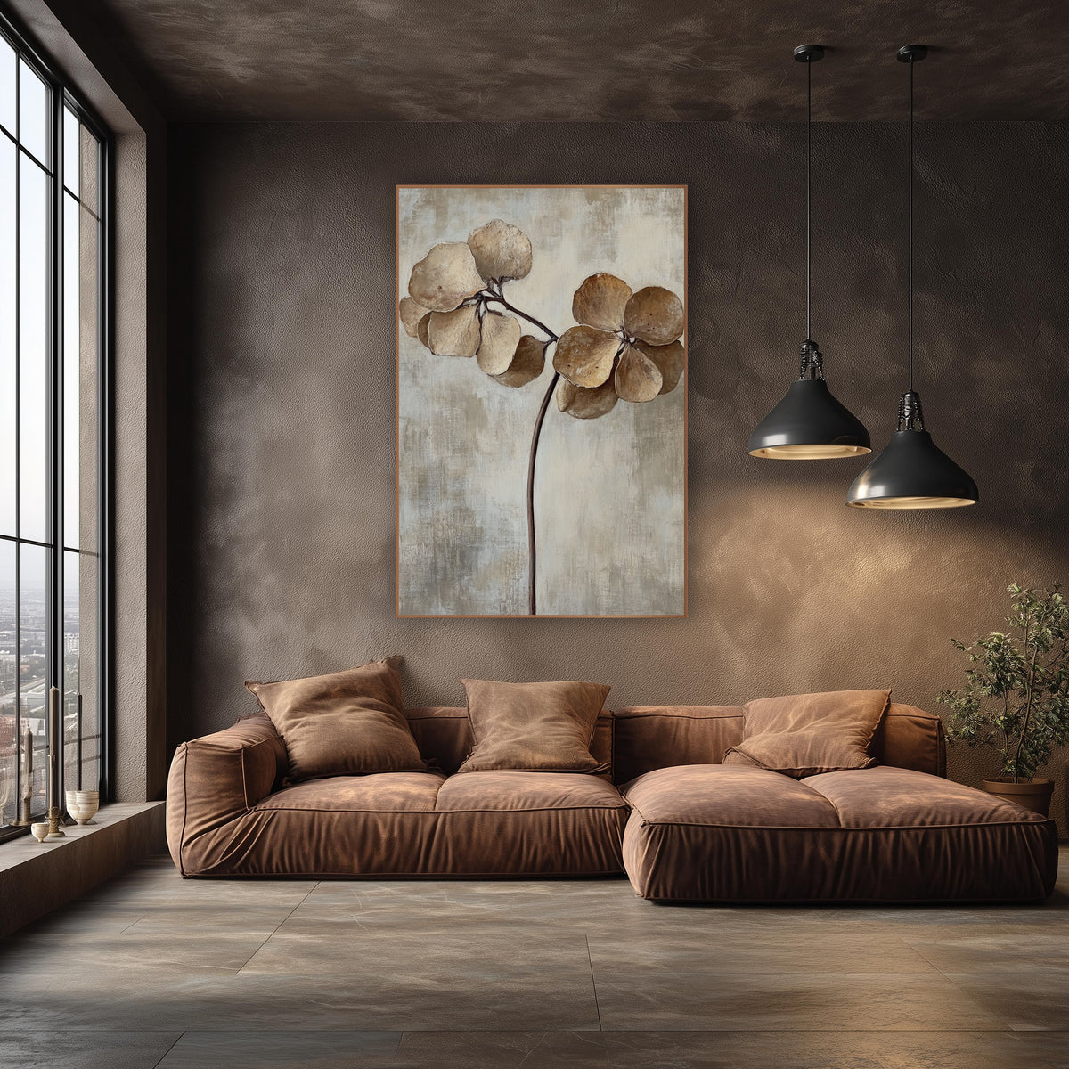 Dried Hydrangea Blooms Neutral Botanical wall art in an elegant modern room – dried caramel and cream flower heads