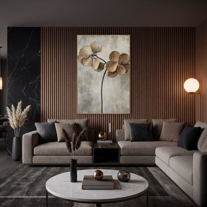 Dried Hydrangea Blooms Neutral Botanical wall art in an elegant modern room – dried caramel and cream flower heads