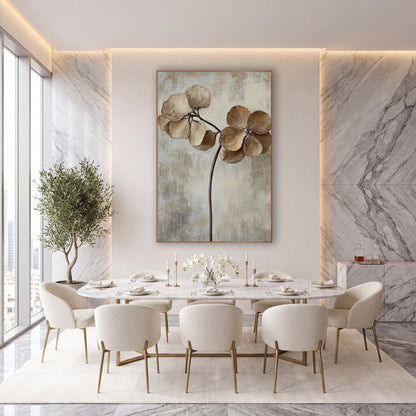 Dried Hydrangea Blooms Neutral Botanical wall art in an elegant modern room – dried caramel and cream flower heads