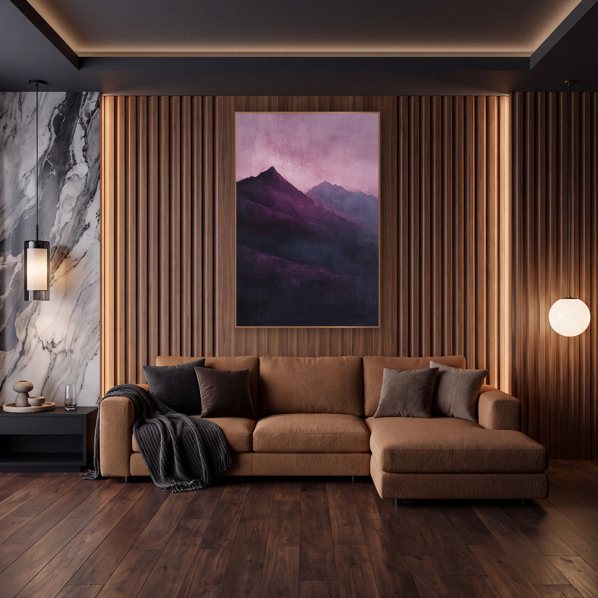Plum Mountain Ridge Atmospheric Landscape wall art in an elegant modern room – dark plum mountain peaks with a paler