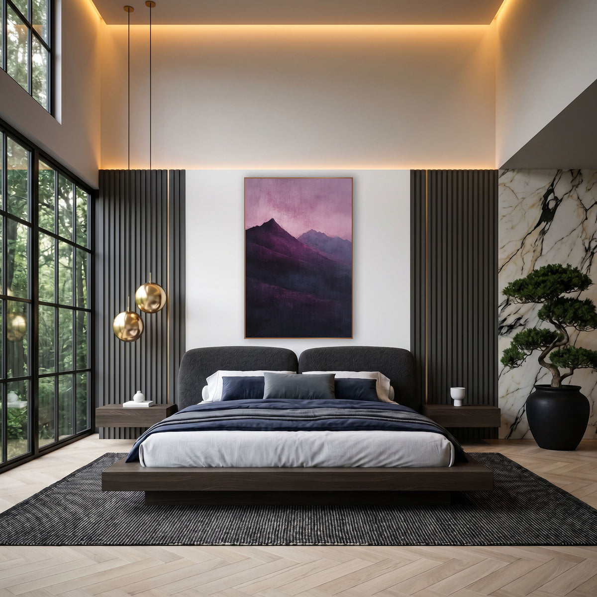 Plum Mountain Ridge Atmospheric Landscape wall art in an elegant modern room – dark plum mountain peaks with a paler