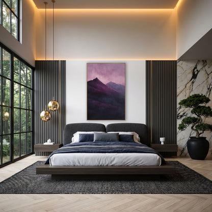 Plum Mountain Ridge Atmospheric Landscape wall art in an elegant modern room – dark plum mountain peaks with a paler