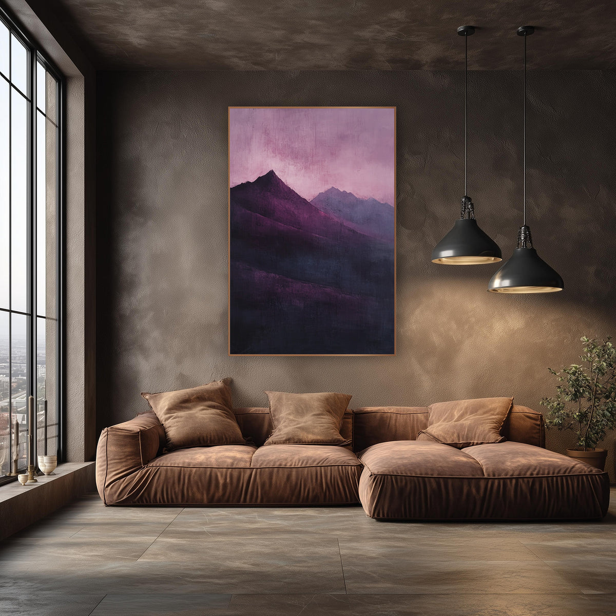 Plum Mountain Ridge Atmospheric Landscape wall art in an elegant modern room – dark plum mountain peaks with a paler