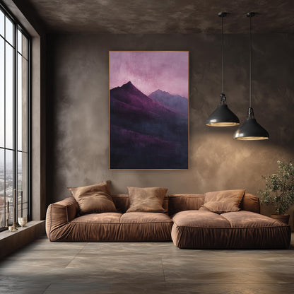 Plum Mountain Ridge Atmospheric Landscape wall art in an elegant modern room – dark plum mountain peaks with a paler