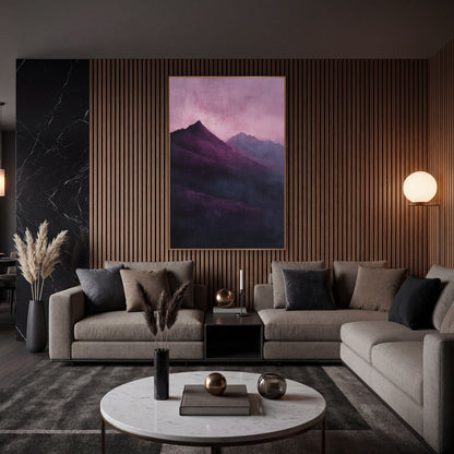 Plum Mountain Ridge Atmospheric Landscape wall art in an elegant modern room – dark plum mountain peaks with a paler