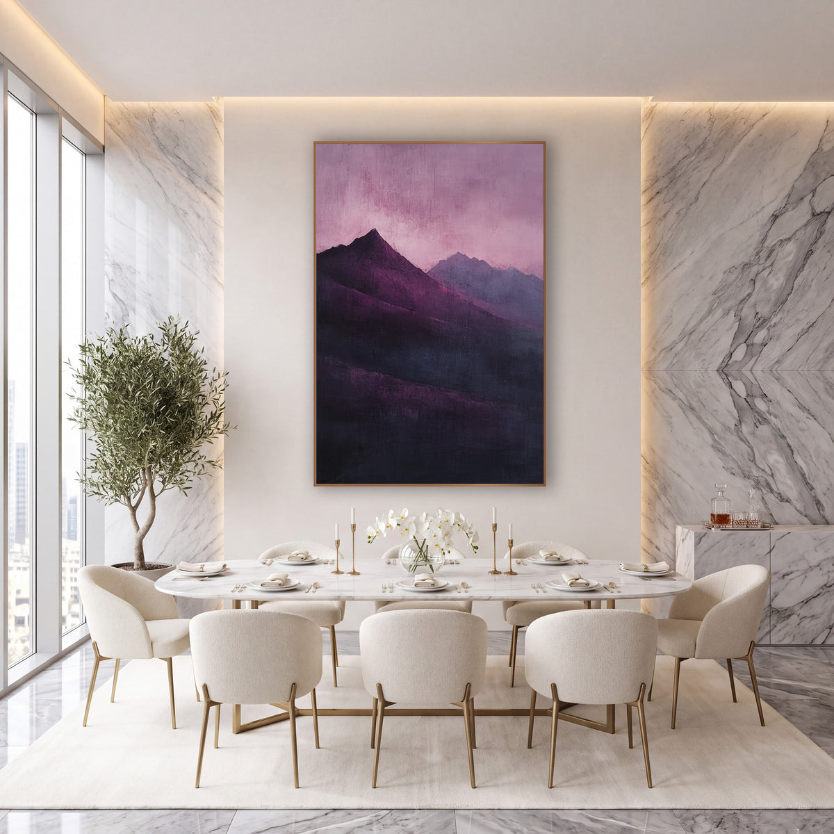 Plum Mountain Ridge Atmospheric Landscape wall art in an elegant modern room – dark plum mountain peaks with a paler
