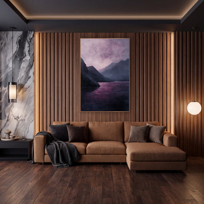 Violet Mountain Lake Landscape Moody wall art in an elegant modern room – moody landscape of a plum-pink lake between