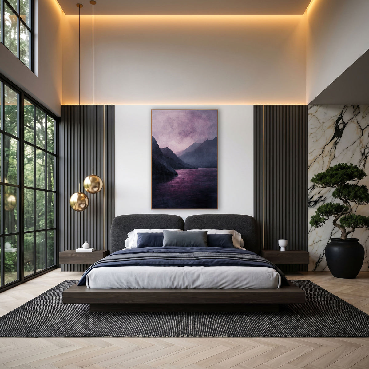Violet Mountain Lake Landscape Moody wall art in an elegant modern room – moody landscape of a plum-pink lake between