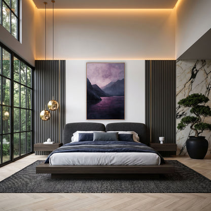 Violet Mountain Lake Landscape Moody wall art in an elegant modern room – moody landscape of a plum-pink lake between