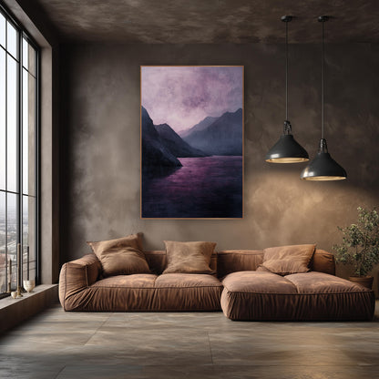 Violet Mountain Lake Landscape Moody wall art in an elegant modern room – moody landscape of a plum-pink lake between