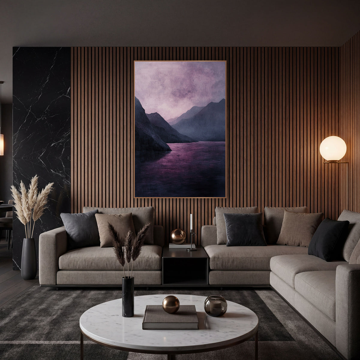 Violet Mountain Lake Landscape Moody wall art in an elegant modern room – moody landscape of a plum-pink lake between