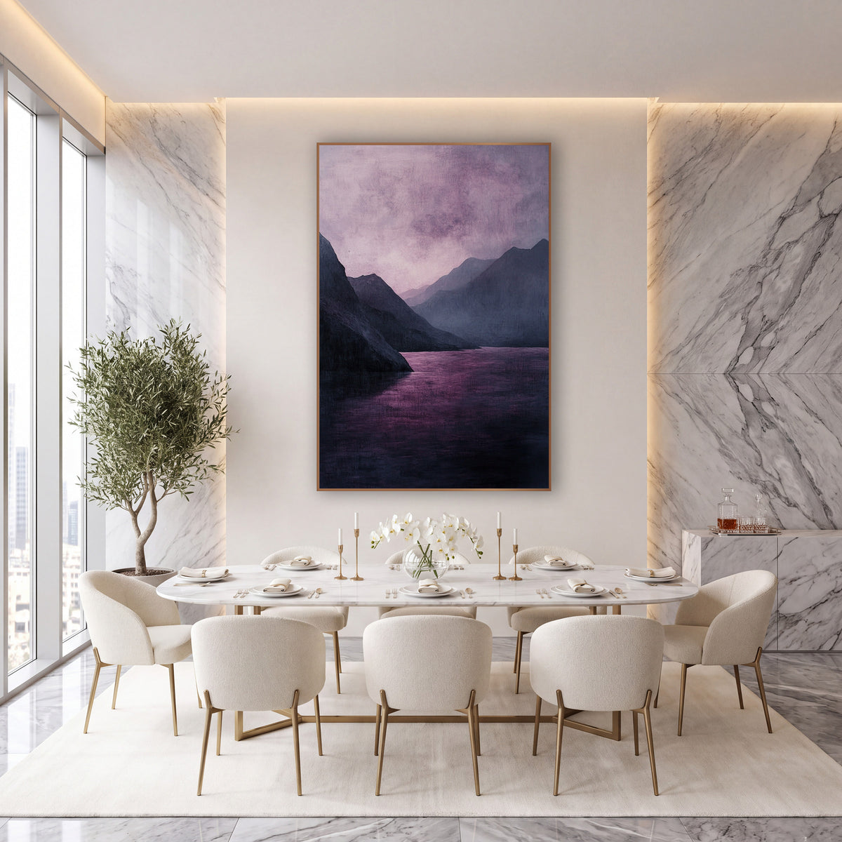 Violet Mountain Lake Landscape Moody wall art in an elegant modern room – moody landscape of a plum-pink lake between
