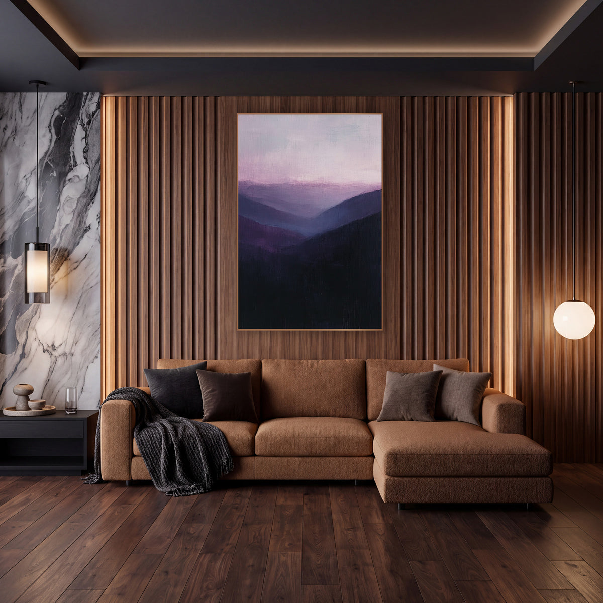 Violet Mountain Valley Layers Landscape wall art in an elegant modern room – misty mountain valley with layered ridges