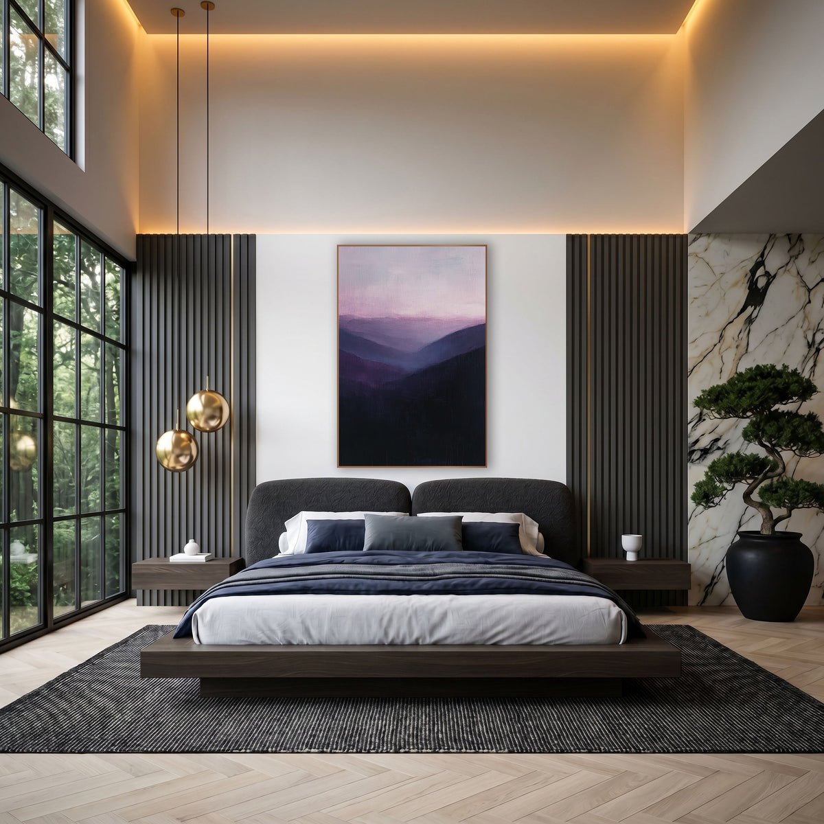Violet Mountain Valley Layers Landscape wall art in an elegant modern room – misty mountain valley with layered ridges