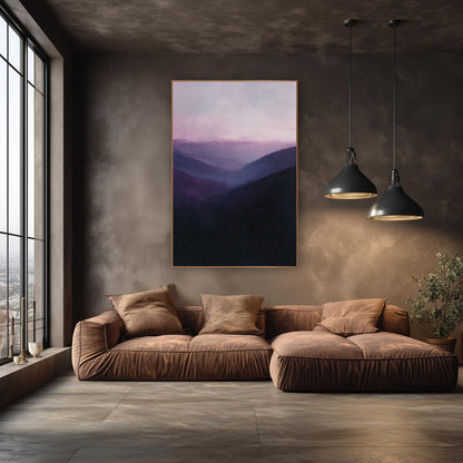 Violet Mountain Valley Layers Landscape wall art in an elegant modern room – misty mountain valley with layered ridges