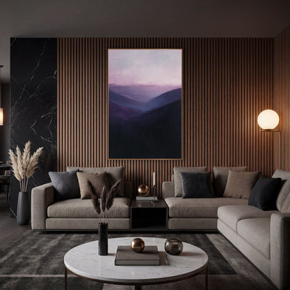 Violet Mountain Valley Layers Landscape wall art in an elegant modern room – misty mountain valley with layered ridges