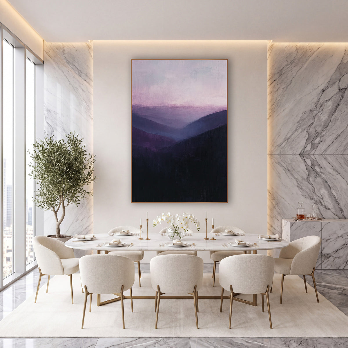 Violet Mountain Valley Layers Landscape wall art in an elegant modern room – misty mountain valley with layered ridges
