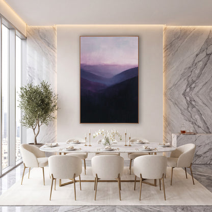 Violet Mountain Valley Layers Landscape wall art in an elegant modern room – misty mountain valley with layered ridges