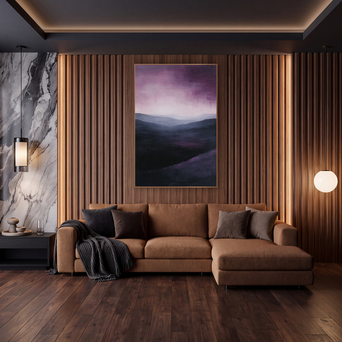 Plum Sky Misty Ridge Landscape wall art in an elegant modern room – layered gray hills under a streaky plum and mauve