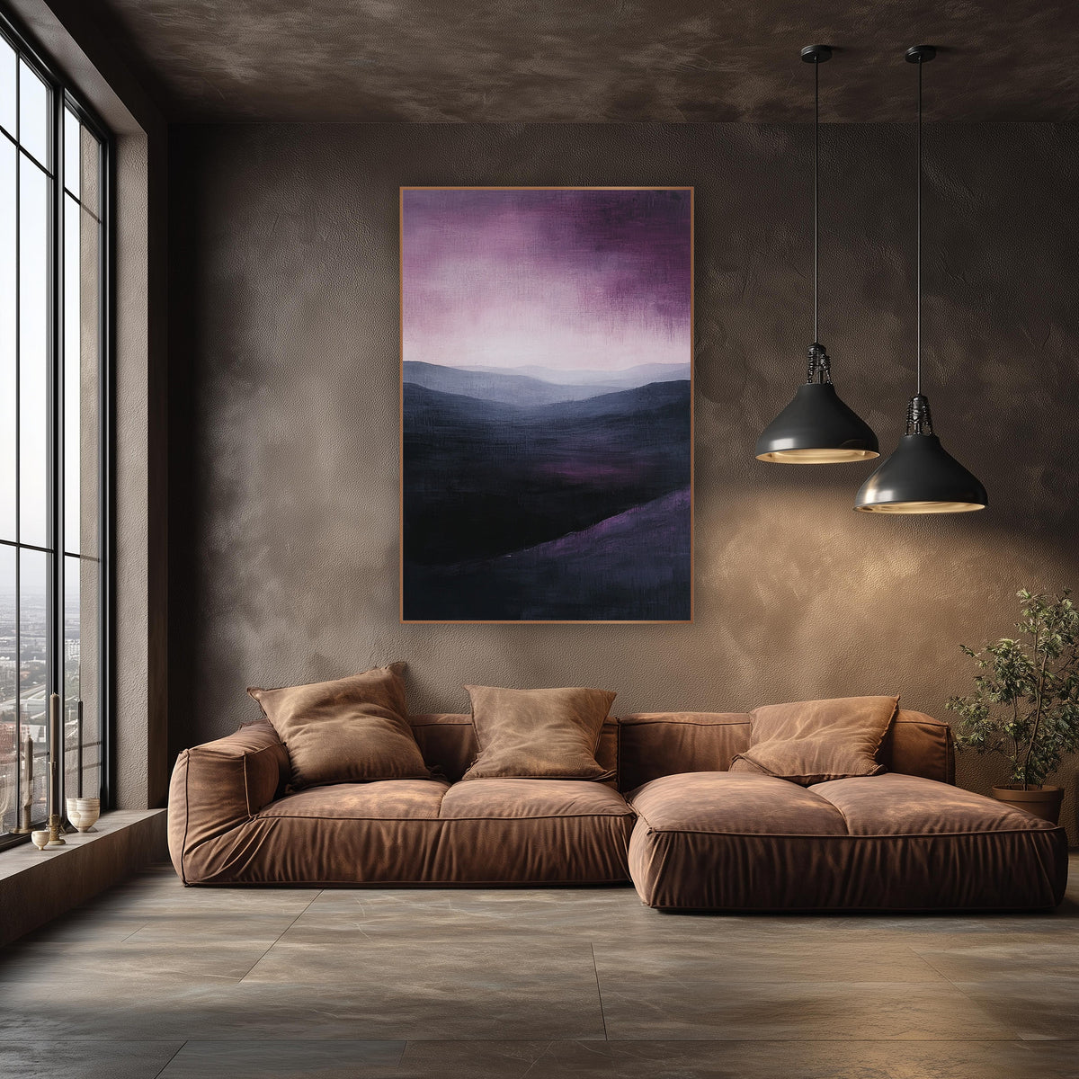 Plum Sky Misty Ridge Landscape wall art in an elegant modern room – layered gray hills under a streaky plum and mauve