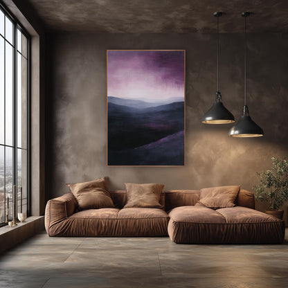 Plum Sky Misty Ridge Landscape wall art in an elegant modern room – layered gray hills under a streaky plum and mauve