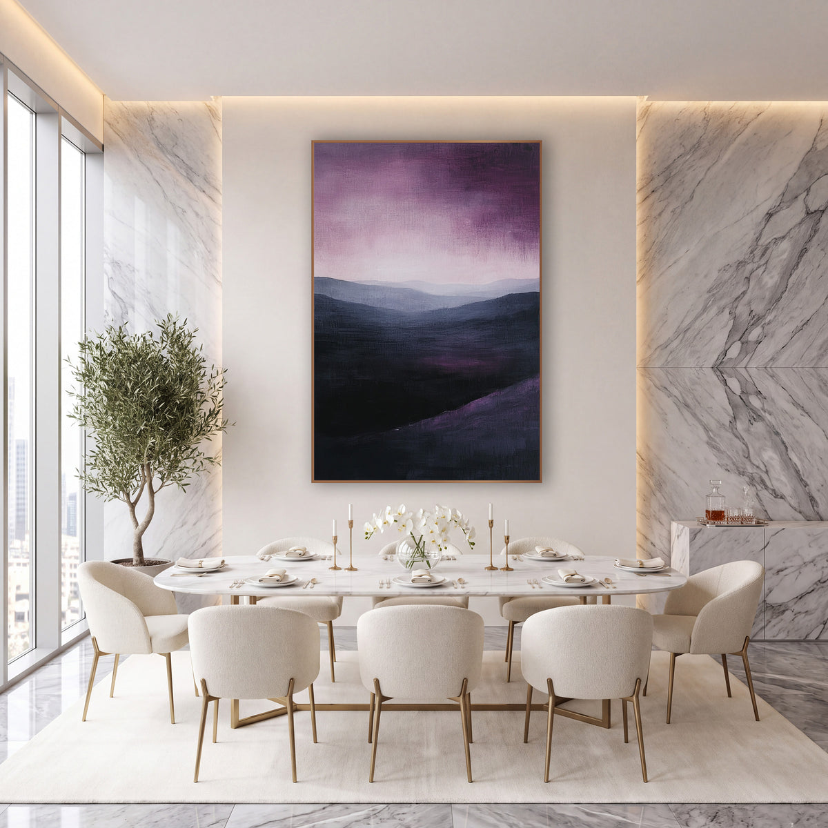 Plum Sky Misty Ridge Landscape wall art in an elegant modern room – layered gray hills under a streaky plum and mauve