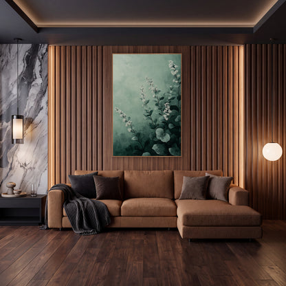 Misty Sage Floral Botanical wall art in an elegant modern room – white flower spikes and round gray-green leaves
