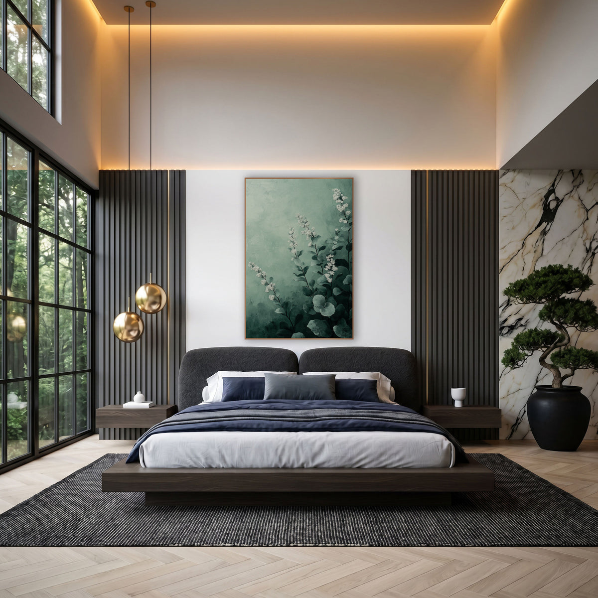 Misty Sage Floral Botanical wall art in an elegant modern room – white flower spikes and round gray-green leaves