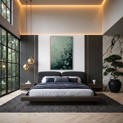 Misty Sage Floral Botanical wall art in an elegant modern room – white flower spikes and round gray-green leaves