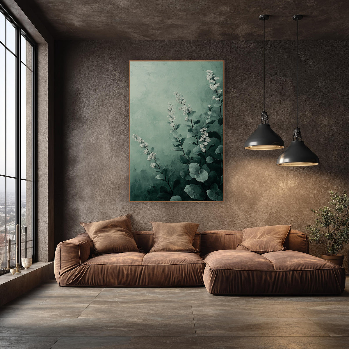 Misty Sage Floral Botanical wall art in an elegant modern room – white flower spikes and round gray-green leaves
